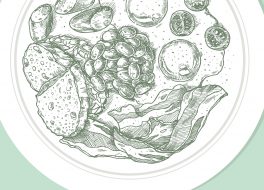 Ein illustrierter Teller mit verschiedenen Nahrungsmitteln